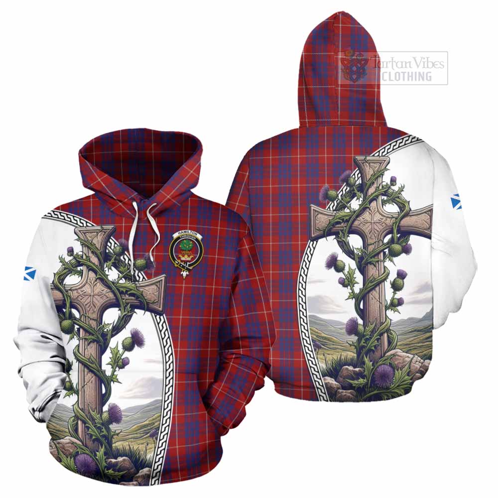 Tartan Vibes Clothing Hamilton Tartan Hoodie with Family Crest and St. Andrew's Cross Accented by Thistle Vines