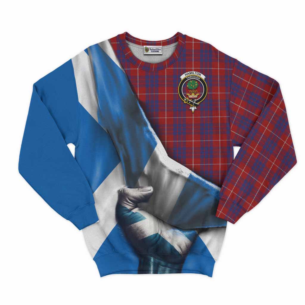 Tartan Vibes Clothing Hamilton Tartan Sweatshirt with Family Crest Scotland Patriotic Style