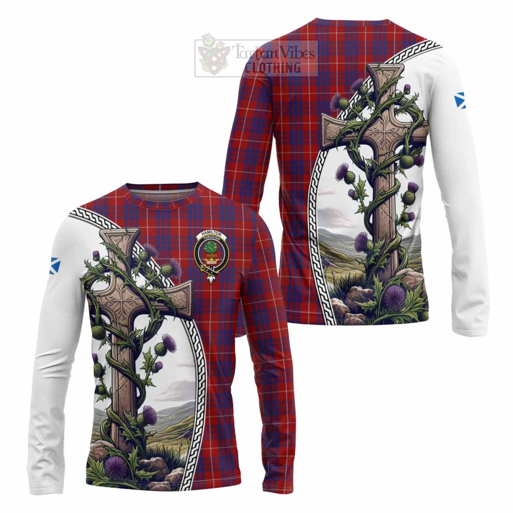 Tartan Vibes Clothing Hamilton Tartan Long Sleeve T-Shirt with Family Crest and St. Andrew's Cross Accented by Thistle Vines