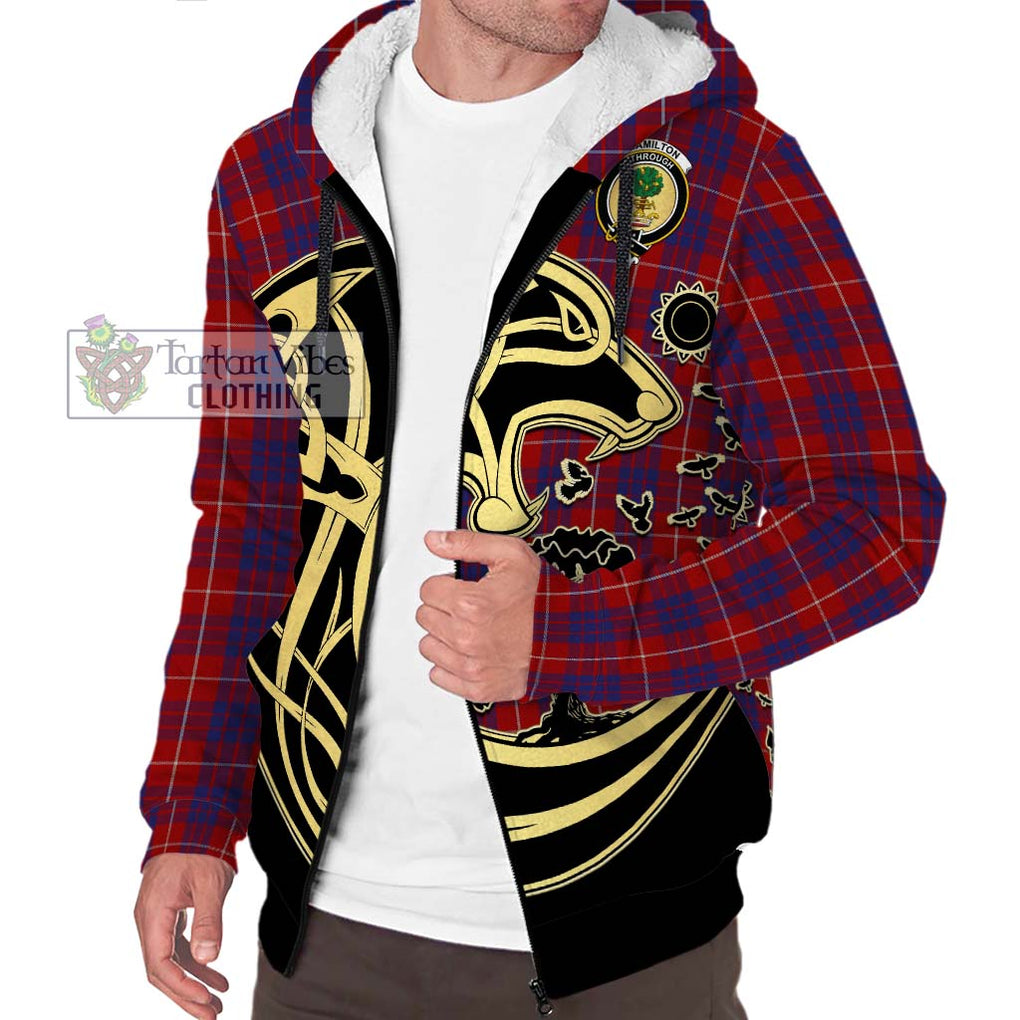 Hamilton Tartan Sherpa Hoodie with Family Crest Celtic Wolf Style Unisex S - Tartan Vibes Clothing