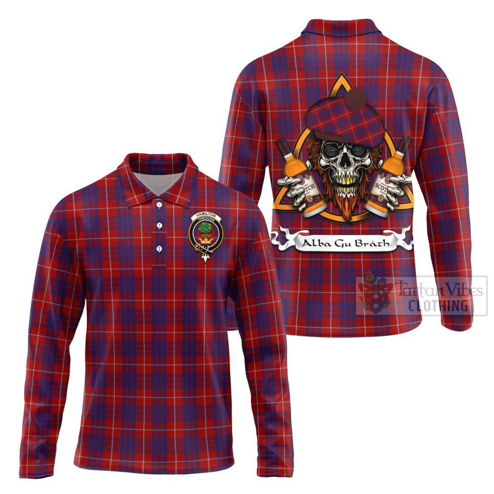 Tartan Vibes Clothing Hamilton Tartan Long Sleeve Polo Shirt with Family Crest and Bearded Skull Holding Bottles of Whiskey