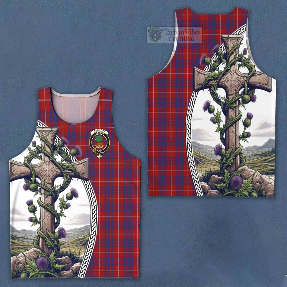 Tartan Vibes Clothing Hamilton Tartan Men's Tank Top with Family Crest and St. Andrew's Cross Accented by Thistle Vines