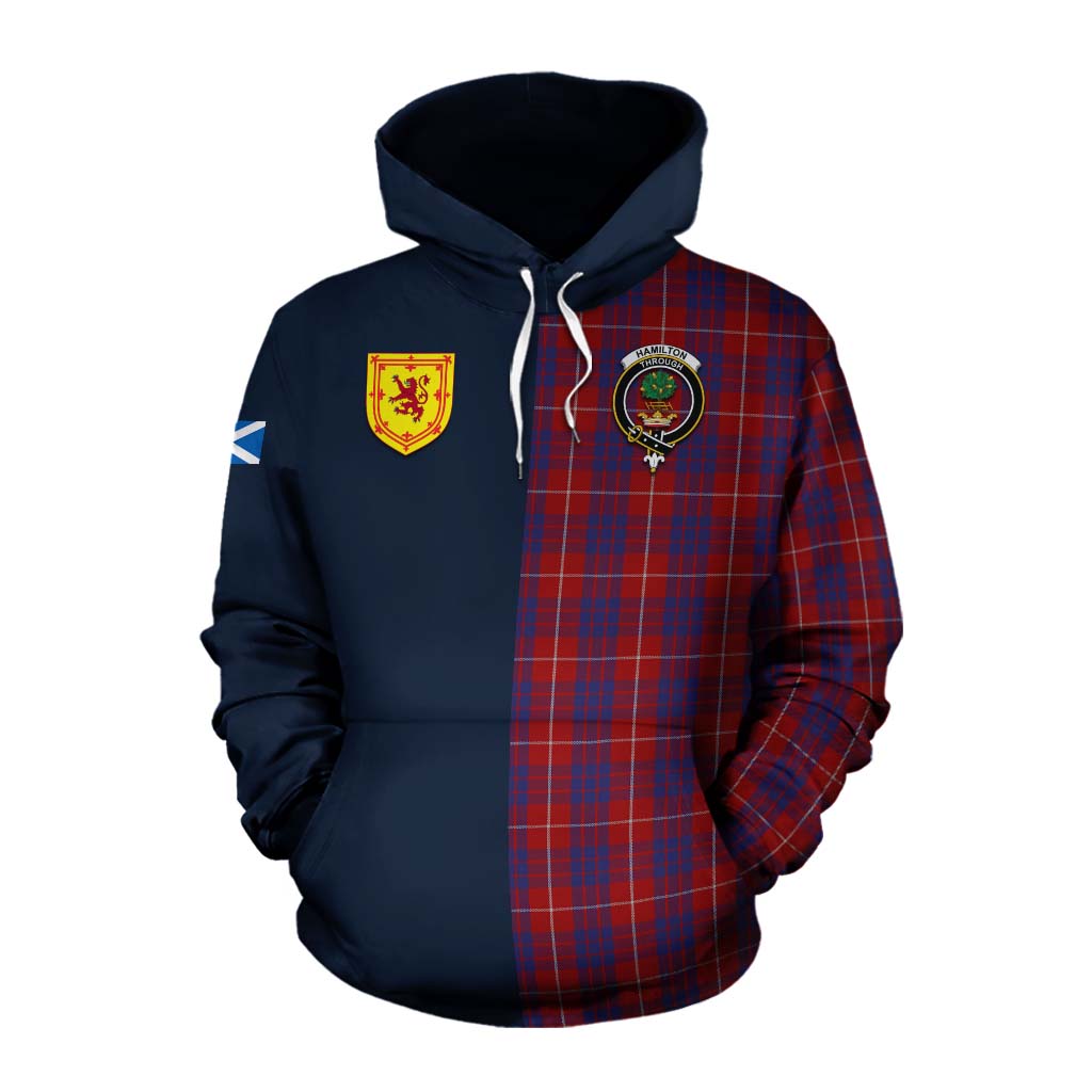 Tartan Vibes Clothing Hamilton Tartan Cotton Hoodie Alba with Scottish Lion Royal Arm Half Style