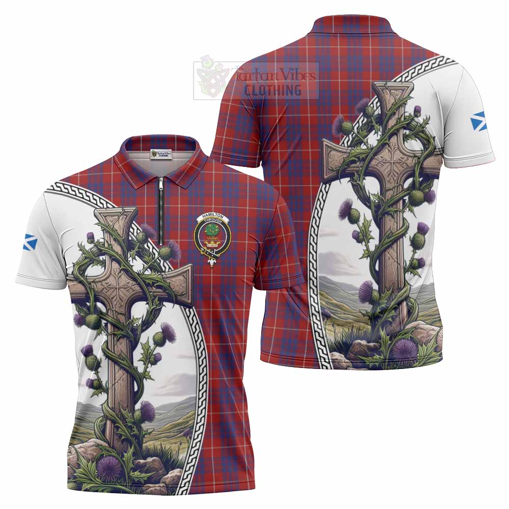 Tartan Vibes Clothing Hamilton Tartan Zipper Polo Shirt with Family Crest and St. Andrew's Cross Accented by Thistle Vines