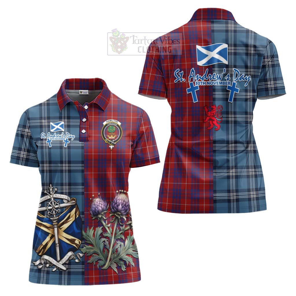 Tartan Vibes Clothing Hamilton Tartan Women's Polo Shirt Happy St. Andrew's Day Half Tartan Style