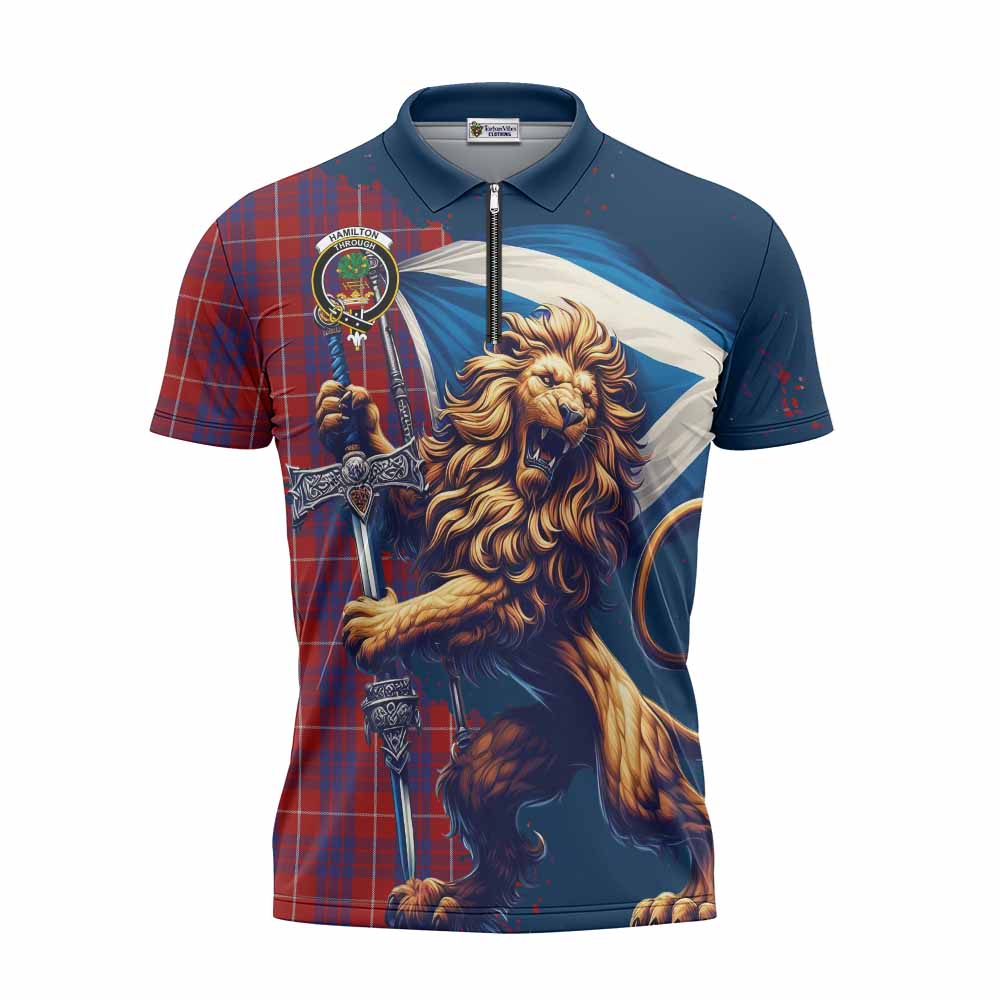 Tartan Vibes Clothing Hamilton Tartan Family Crest Zipper Polo Shirt with Scottish Majestic Lion