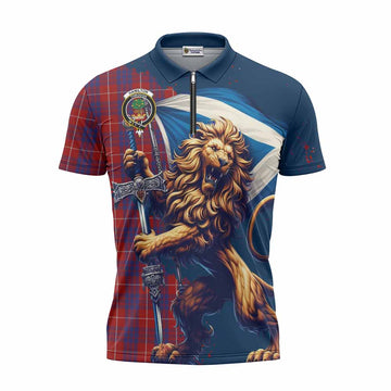 Hamilton Tartan Family Crest Zipper Polo Shirt with Scottish Majestic Lion