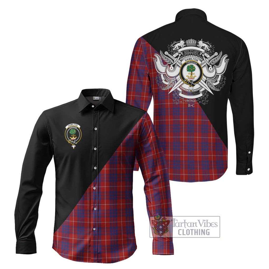 Hamilton Tartan Long Sleeve Button Shirt with Family Crest and Military Logo Style Men's Shirt S - Tartanvibesclothing Shop