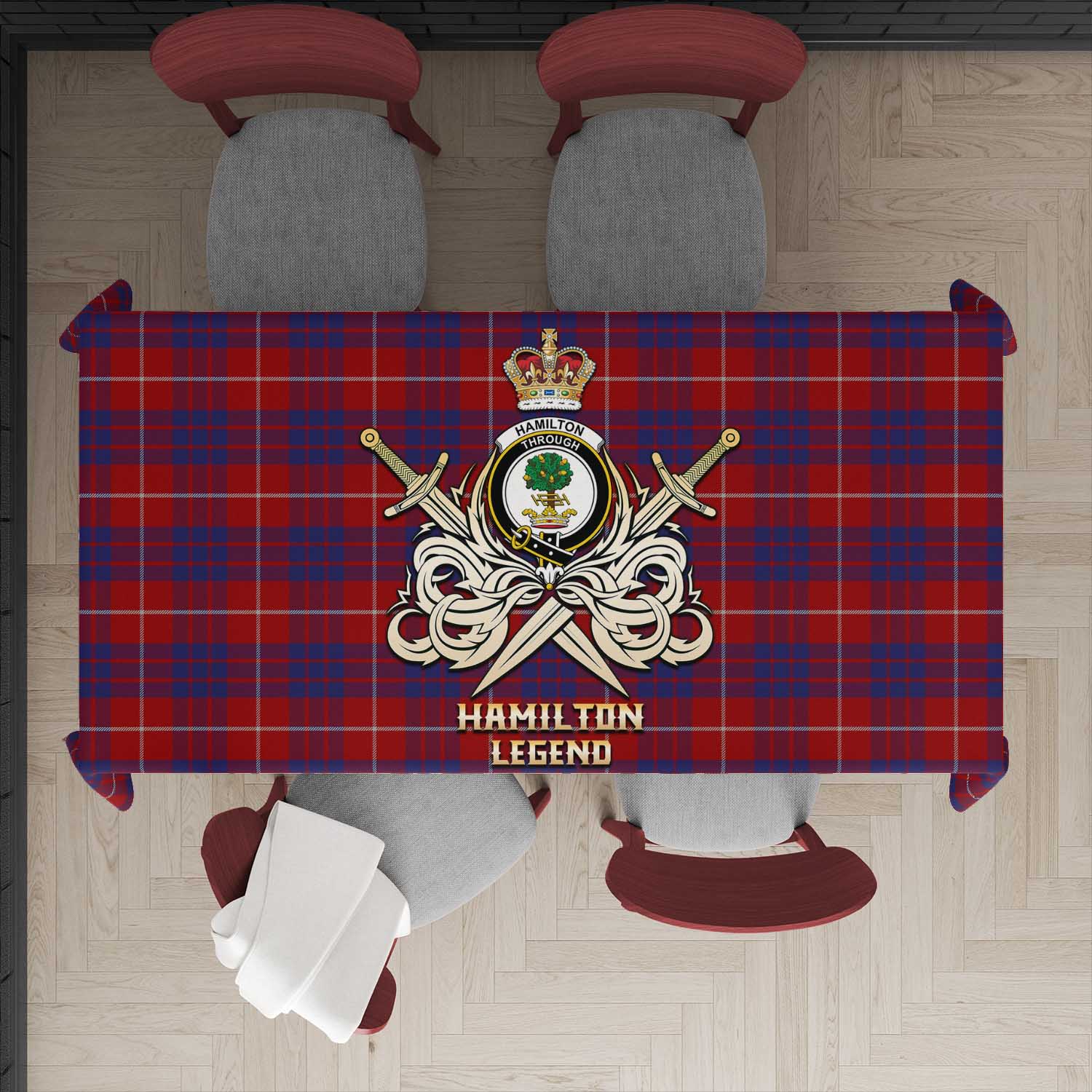 Tartan Vibes Clothing Hamilton Tartan Tablecloth with Clan Crest and the Golden Sword of Courageous Legacy