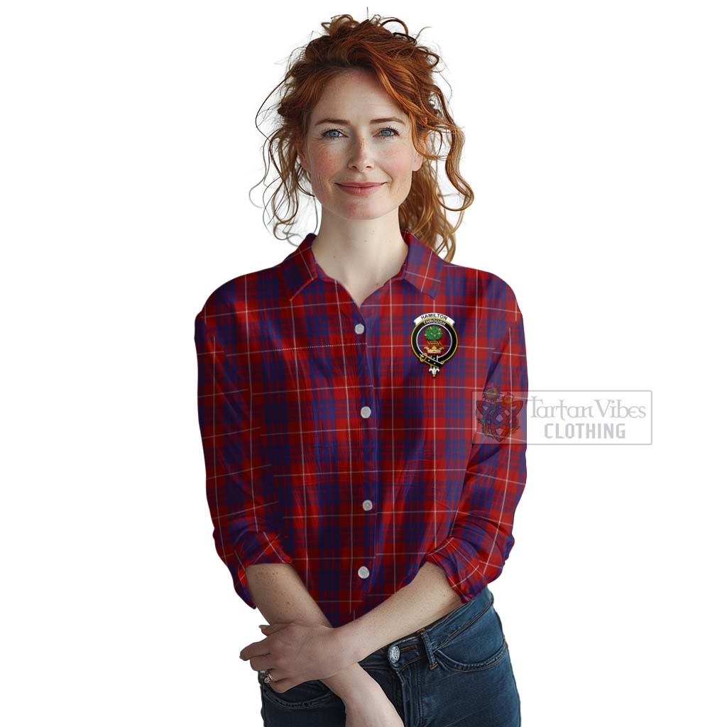 Tartan Vibes Clothing Hamilton Tartan Women's Casual Shirt with Family Crest and Bearded Skull Holding Bottles of Whiskey