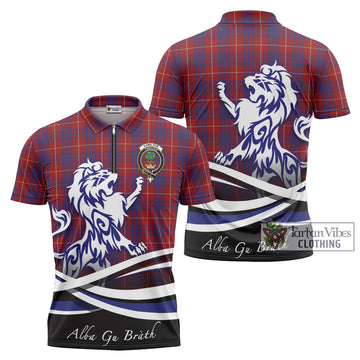 Hamilton Tartan Zipper Polo Shirt with Alba Gu Brath Regal Lion Emblem