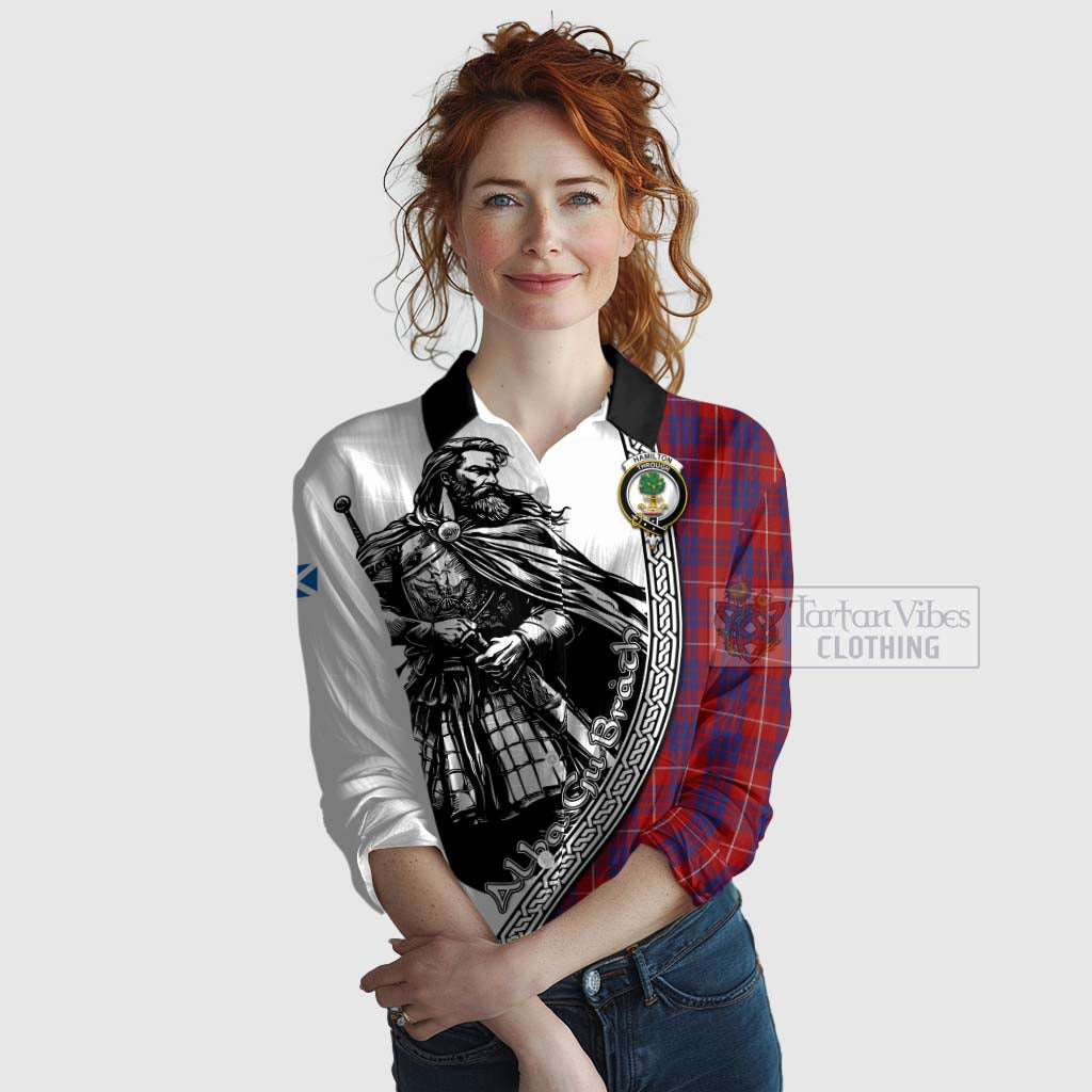 Tartan Vibes Clothing Hamilton Tartan Clan Crest Women's Casual Shirt with Highlander Warrior Celtic Style