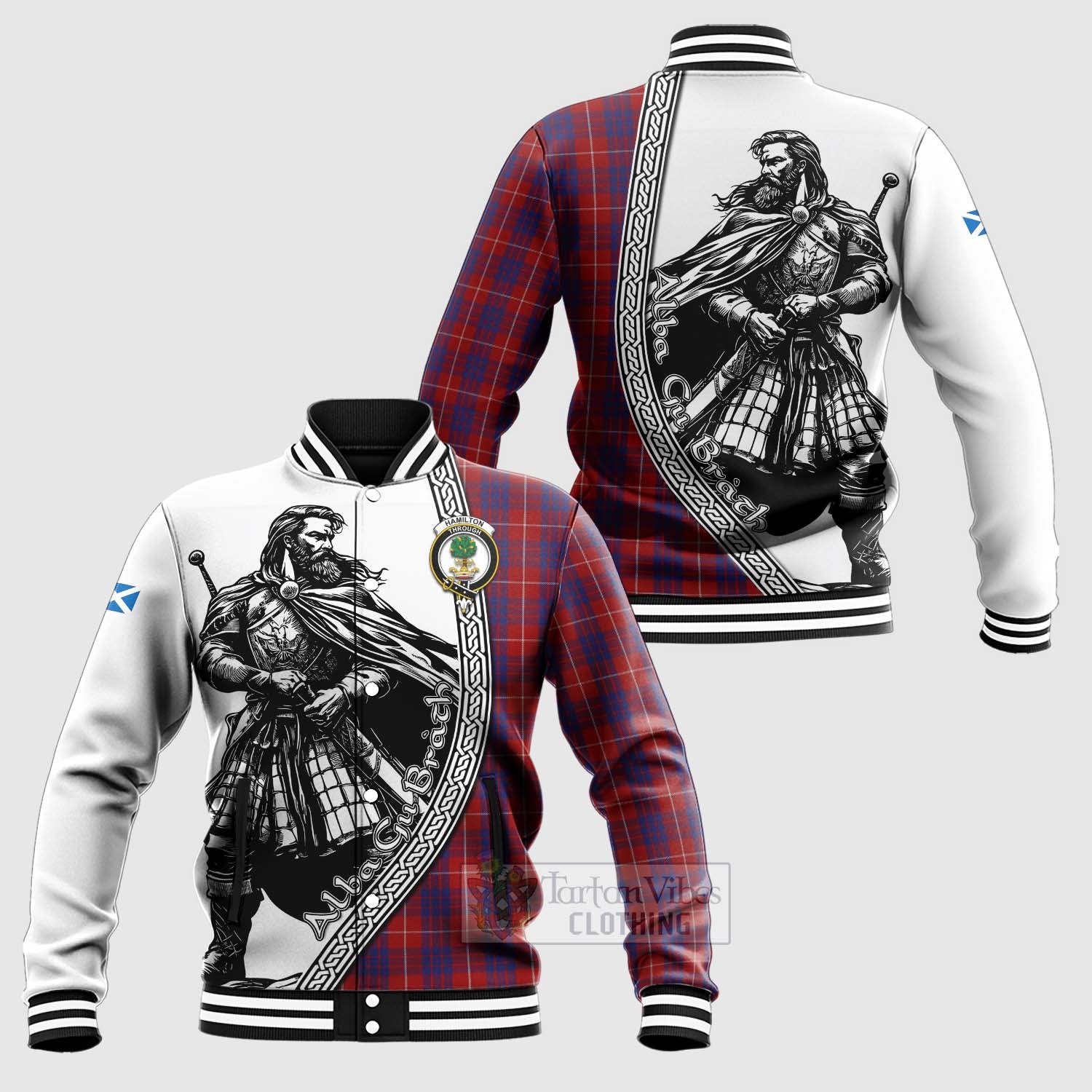 Tartan Vibes Clothing Hamilton Tartan Clan Crest Baseball Jacket with Highlander Warrior Celtic Style