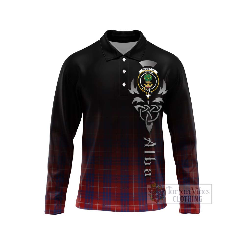 Tartan Vibes Clothing Hamilton Tartan Long Sleeve Polo Shirt Featuring Alba Gu Brath Family Crest Celtic Inspired