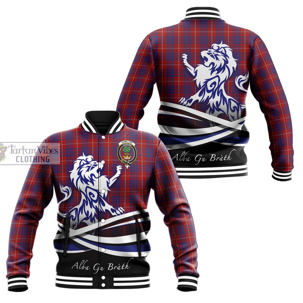 Hamilton Tartan Baseball Jacket with Alba Gu Brath Regal Lion Emblem Unisex - Tartanvibesclothing Shop