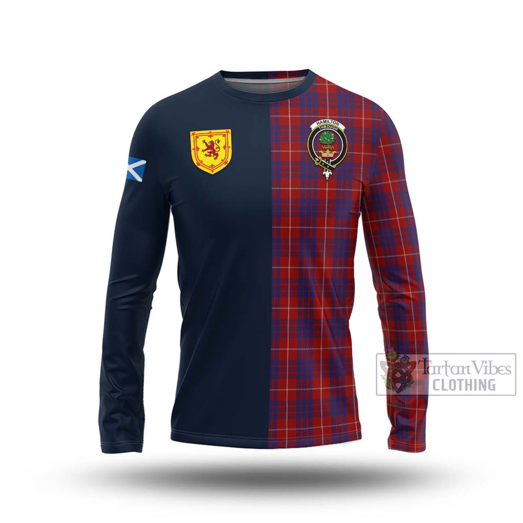 Tartan Vibes Clothing Hamilton Tartan Long Sleeve T-Shirt with Scottish Lion Royal Arm Half Style