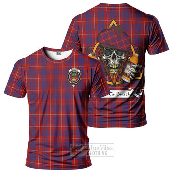 Hamilton Tartan T-Shirt with Family Crest and Bearded Skull Holding Bottles of Whiskey