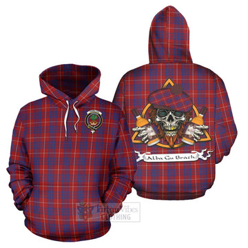 Hamilton Tartan Hoodie with Family Crest and Bearded Skull Holding Bottles of Whiskey