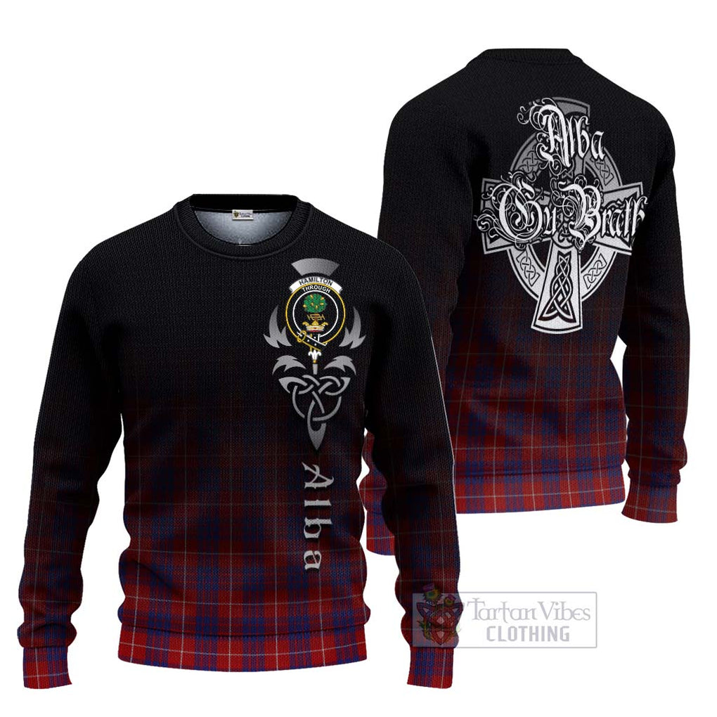 Tartan Vibes Clothing Hamilton Tartan Knitted Sweater Featuring Alba Gu Brath Family Crest Celtic Inspired