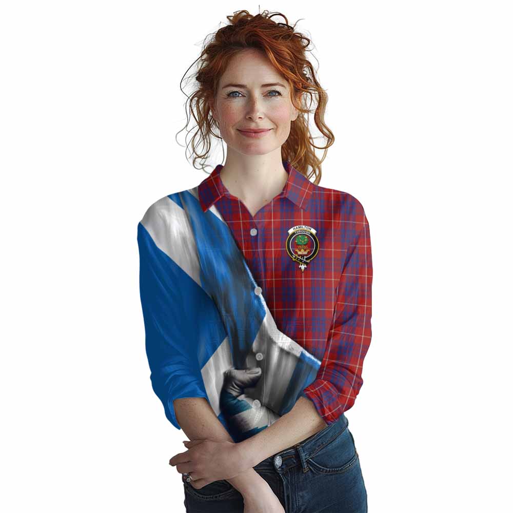 Tartan Vibes Clothing Hamilton Tartan Women's Casual Shirt with Family Crest Scotland Patriotic Style