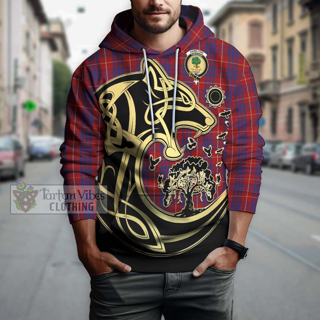 Hamilton Tartan Hoodie with Family Crest Celtic Wolf Style Zip Hoodie - Tartan Vibes Clothing