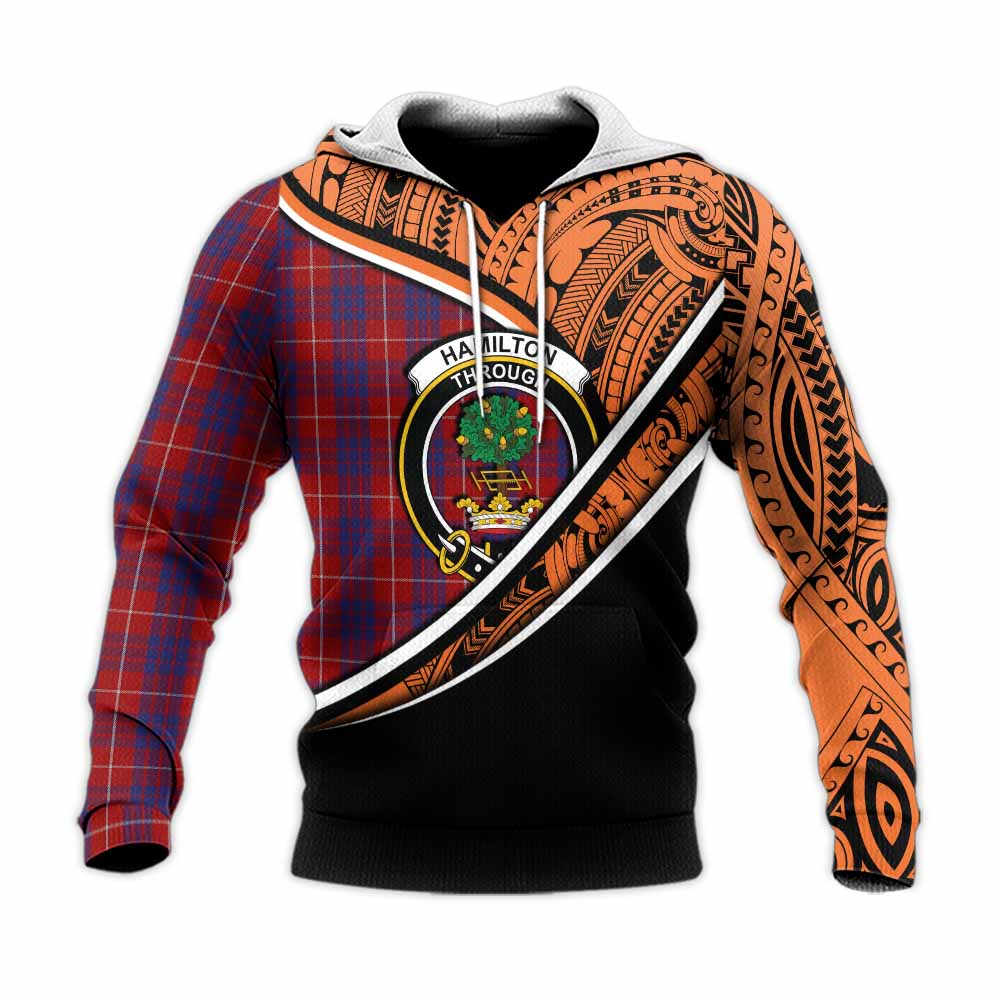 Tartan Vibes Clothing Hamilton Crest Tartan Knitted Hoodie with Maori Tattoo Style - Orange Version