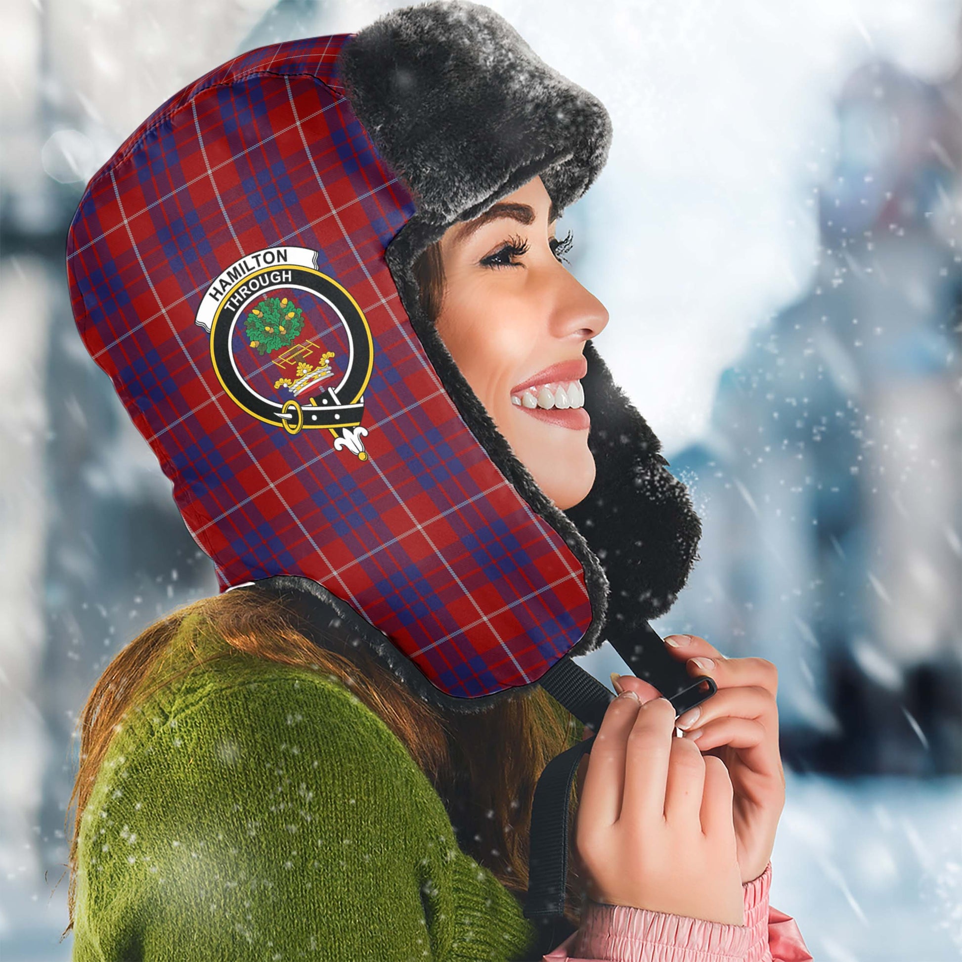 Hamilton Tartan Winter Trapper Hat with Family Crest Winter Trapper Hat Universal Fit Circumference 22.8in (58cm) - Tartanvibesclothing