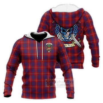 Hamilton Tartan Knitted Hoodie with Family Crest Celtic Skull Style