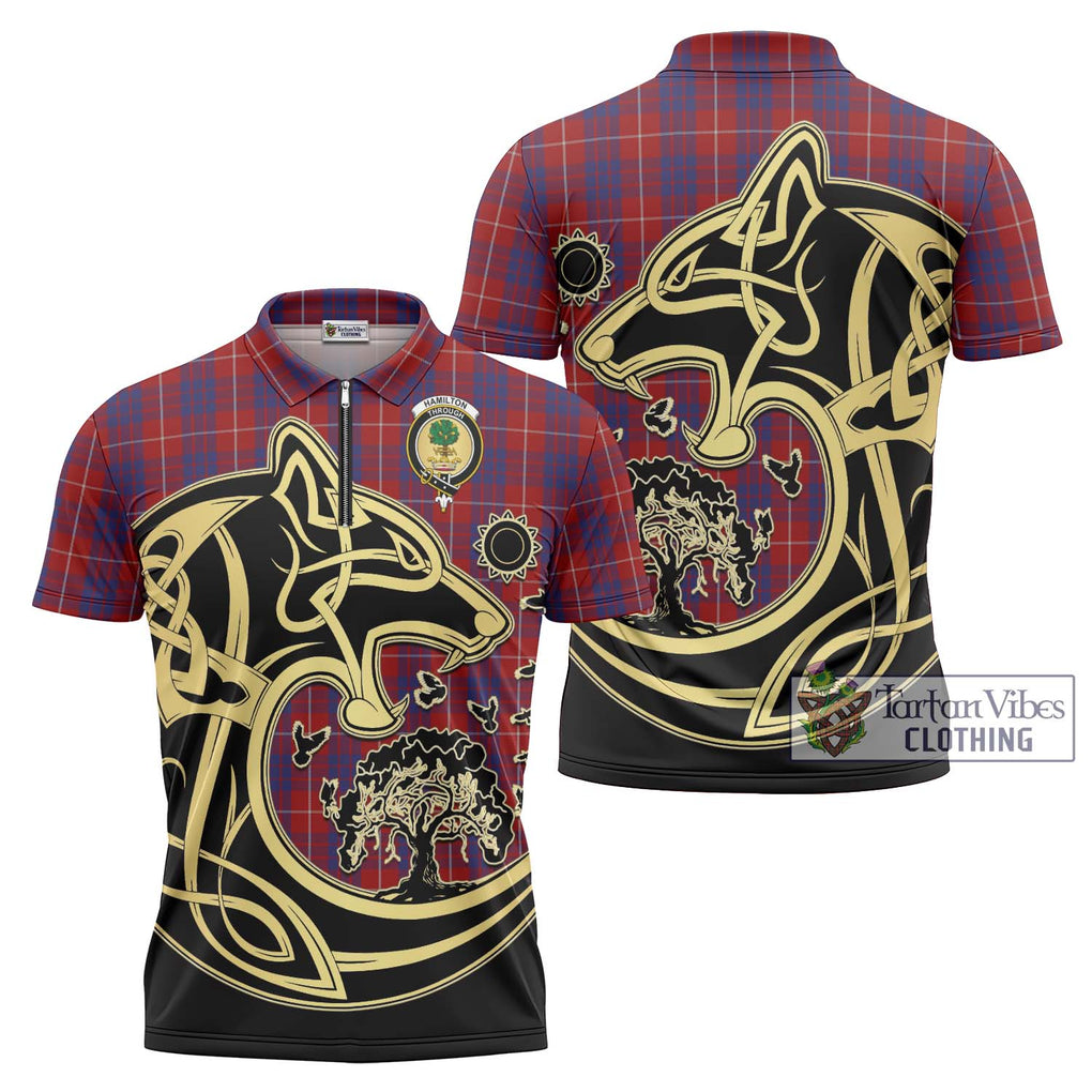 Hamilton Tartan Zipper Polo Shirt with Family Crest Celtic Wolf Style Unisex - Tartanvibesclothing Shop