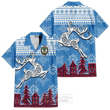 Hamilton Clan Christmas Short Sleeve Button Shirt Celtic Reindeer Style