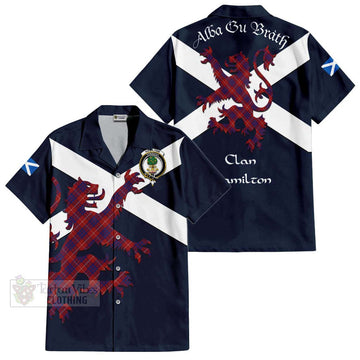 Hamilton Tartan Lion Rampant Short Sleeve Button Shirt  Proudly Display Your Heritage with Alba Gu Brath and Clan Name