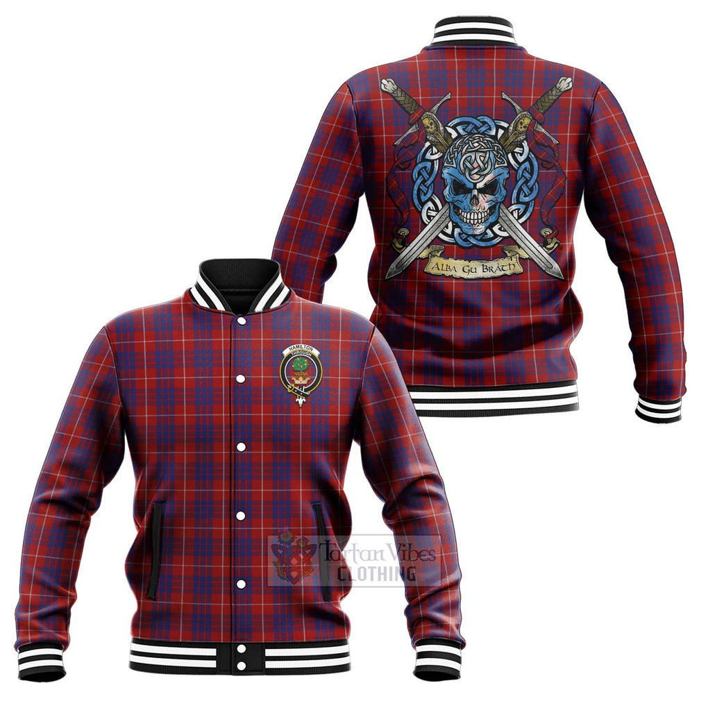 Tartan Vibes Clothing Hamilton Tartan Baseball Jacket with Family Crest Celtic Skull Style