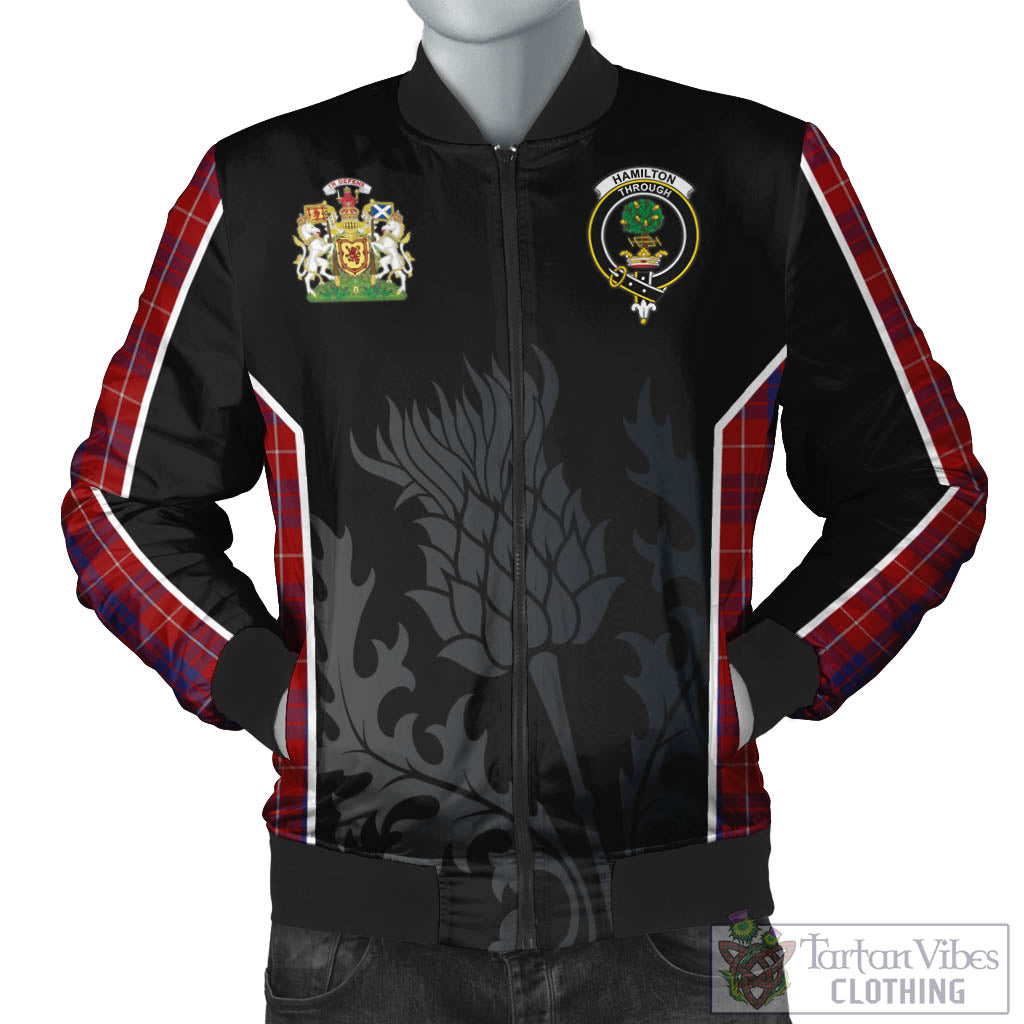 Tartan Vibes Clothing Hamilton Tartan Bomber Jacket with Family Crest and Scottish Thistle Vibes Sport Style