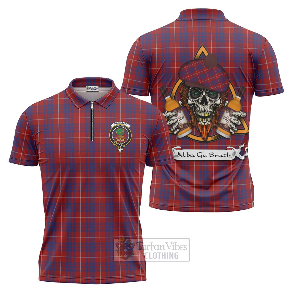 Tartan Vibes Clothing Hamilton Tartan Zipper Polo Shirt with Family Crest and Bearded Skull Holding Bottles of Whiskey