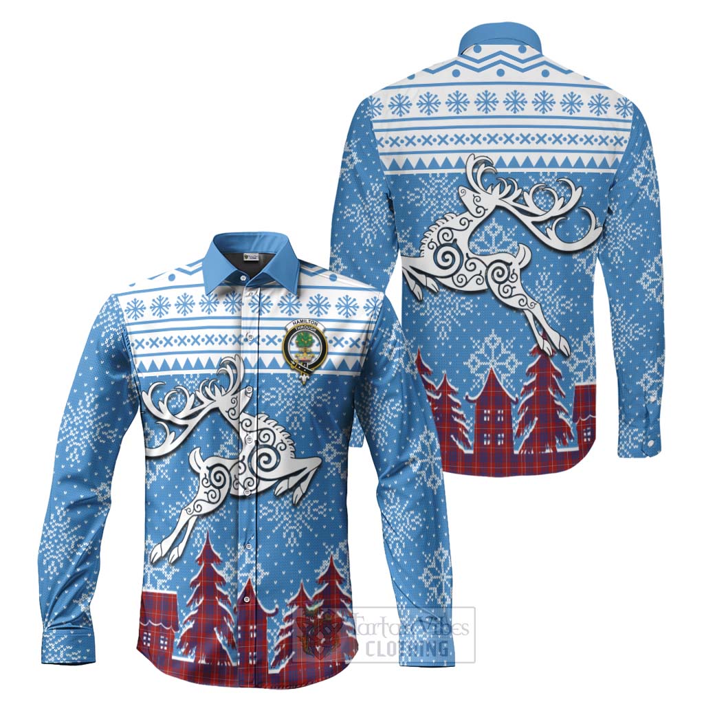 Tartan Vibes Clothing Hamilton Clan Christmas Long Sleeve Button Shirt Celtic Reindeer Style