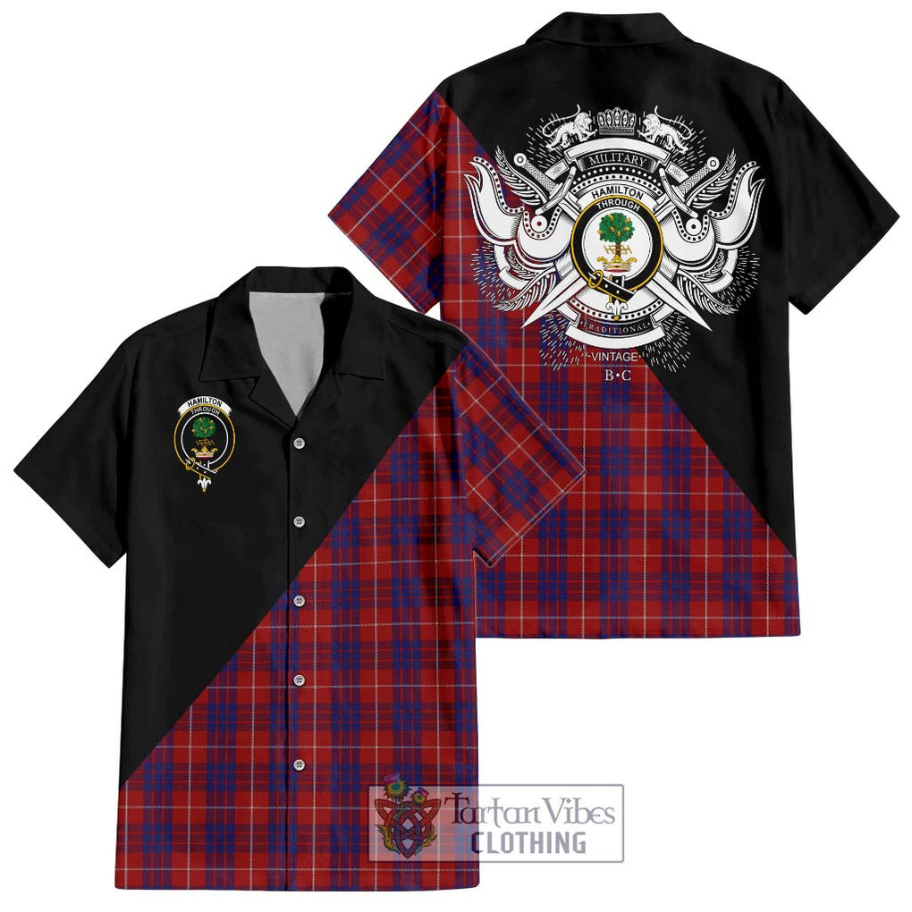 Hamilton Tartan Short Sleeve Button Shirt with Family Crest and Military Logo Style Kid - Tartanvibesclothing Shop