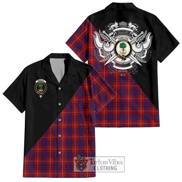 Hamilton Tartan Short Sleeve Button Shirt with Family Crest and Military Logo Style