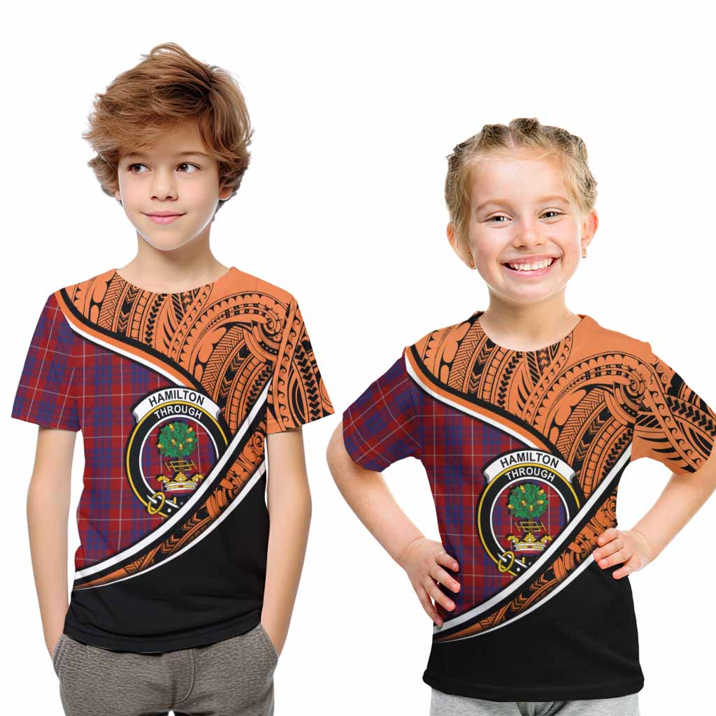 Tartan Vibes Clothing Hamilton Crest Tartan Kid T-Shirt with Maori Tattoo Style - Orange Version