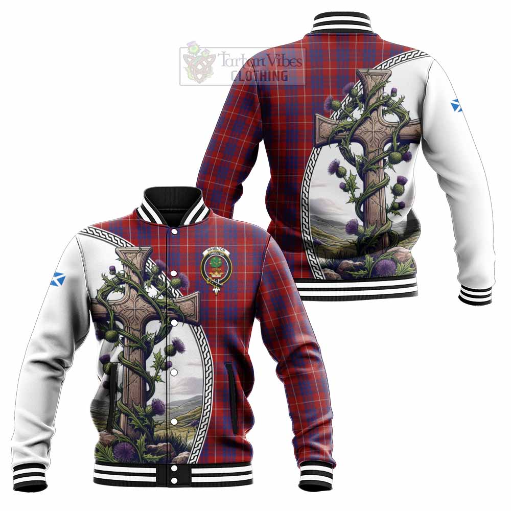 Tartan Vibes Clothing Hamilton Tartan Baseball Jacket with Family Crest and St. Andrew's Cross Accented by Thistle Vines