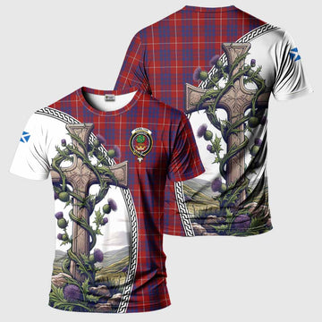 Hamilton Tartan T-Shirt with Family Crest and St. Andrew's Cross Accented by Thistle Vines