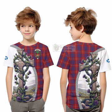 Hamilton Tartan Kid T-Shirt with Family Crest and St. Andrew's Cross Accented by Thistle Vines