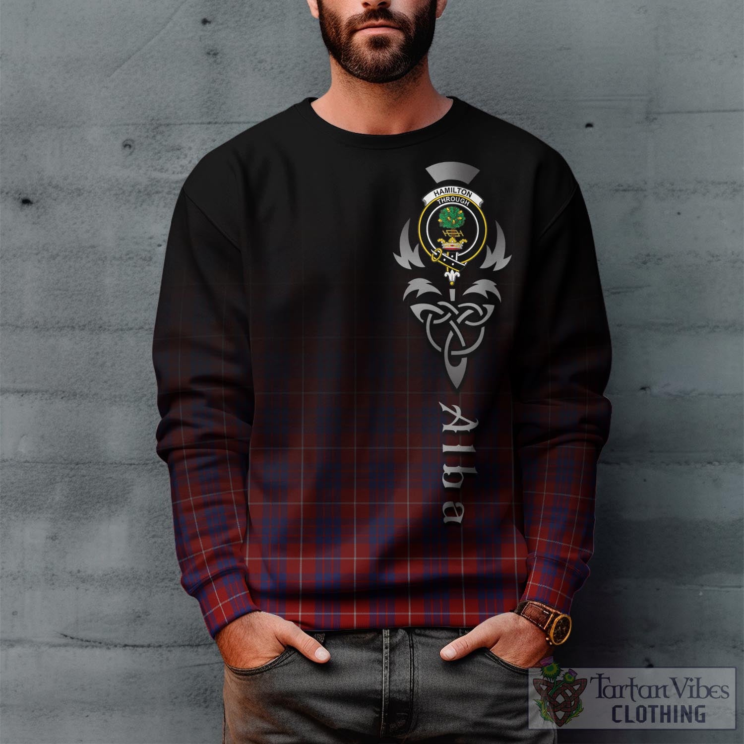 Tartan Vibes Clothing Hamilton Tartan Sweatshirt Featuring Alba Gu Brath Family Crest Celtic Inspired