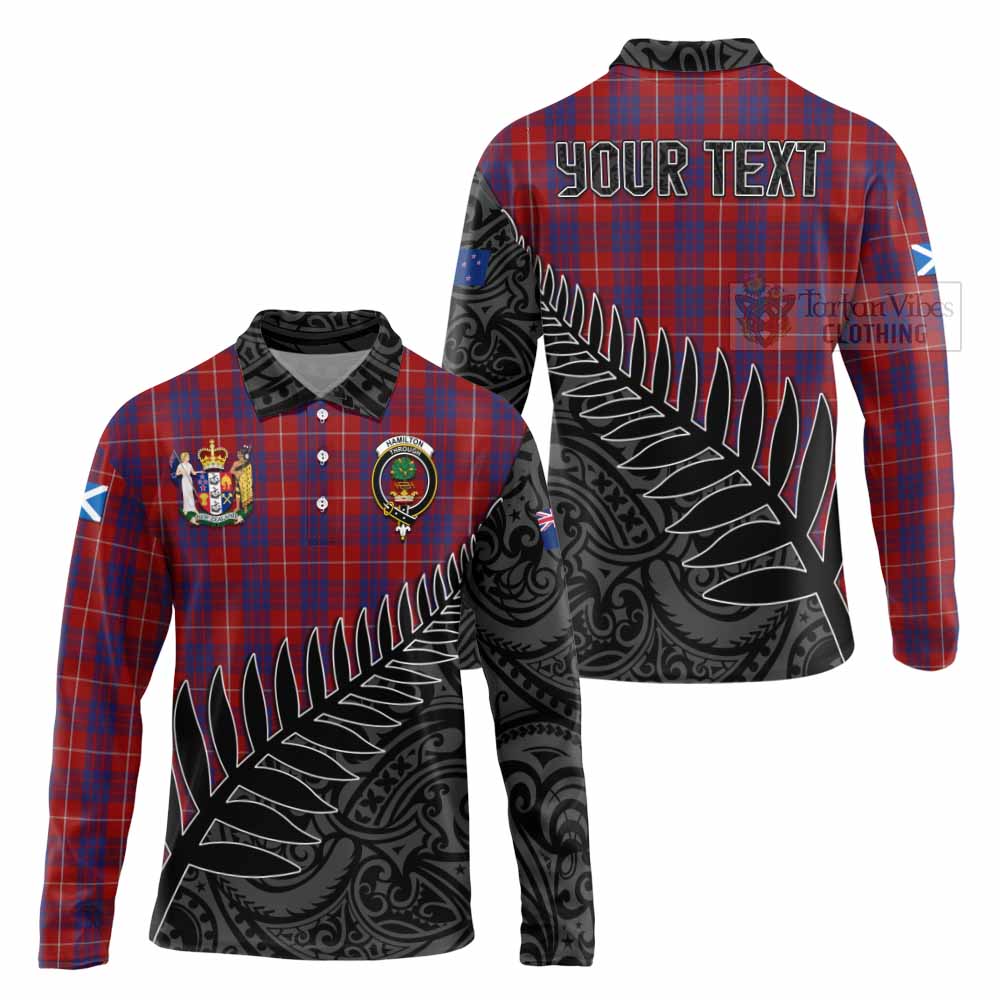 Tartan Vibes Clothing Hamilton Crest Tartan Long Sleeve Polo Shirt with New Zealand Silver Fern Half Style