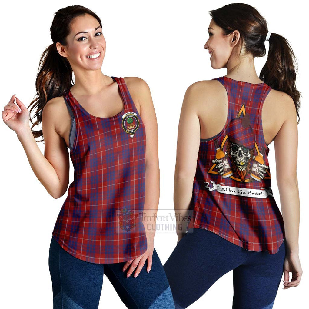 Tartan Vibes Clothing Hamilton Tartan Women's Racerback Tanks with Family Crest and Bearded Skull Holding Bottles of Whiskey