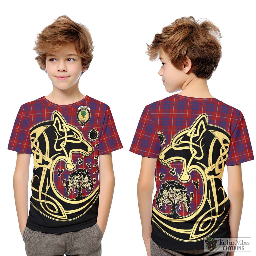 Hamilton Tartan Kid T-Shirt with Family Crest Celtic Wolf Style Youth XL Size14 - Tartan Vibes Clothing