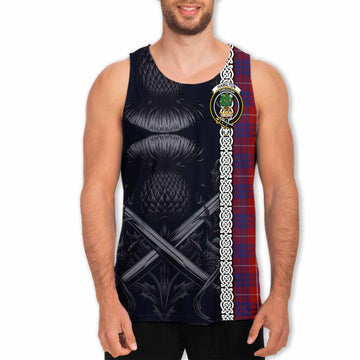 Hamilton Tartan Men's Tank Top with Family Crest Cross Sword Thistle Celtic Vibes