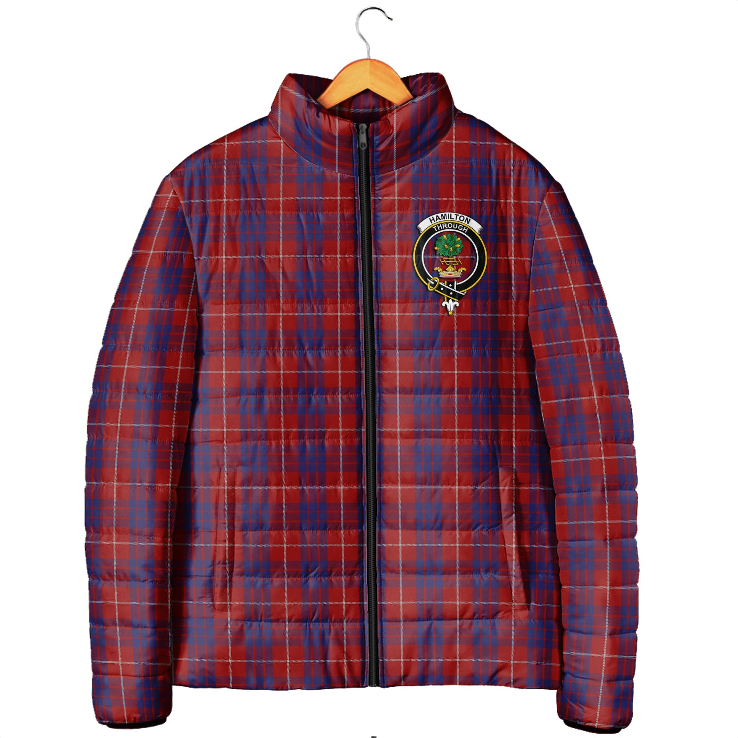 Hamilton Tartan Padded Jacket with Family Crest Men's Padded Jacket - Tartan Vibes Clothing