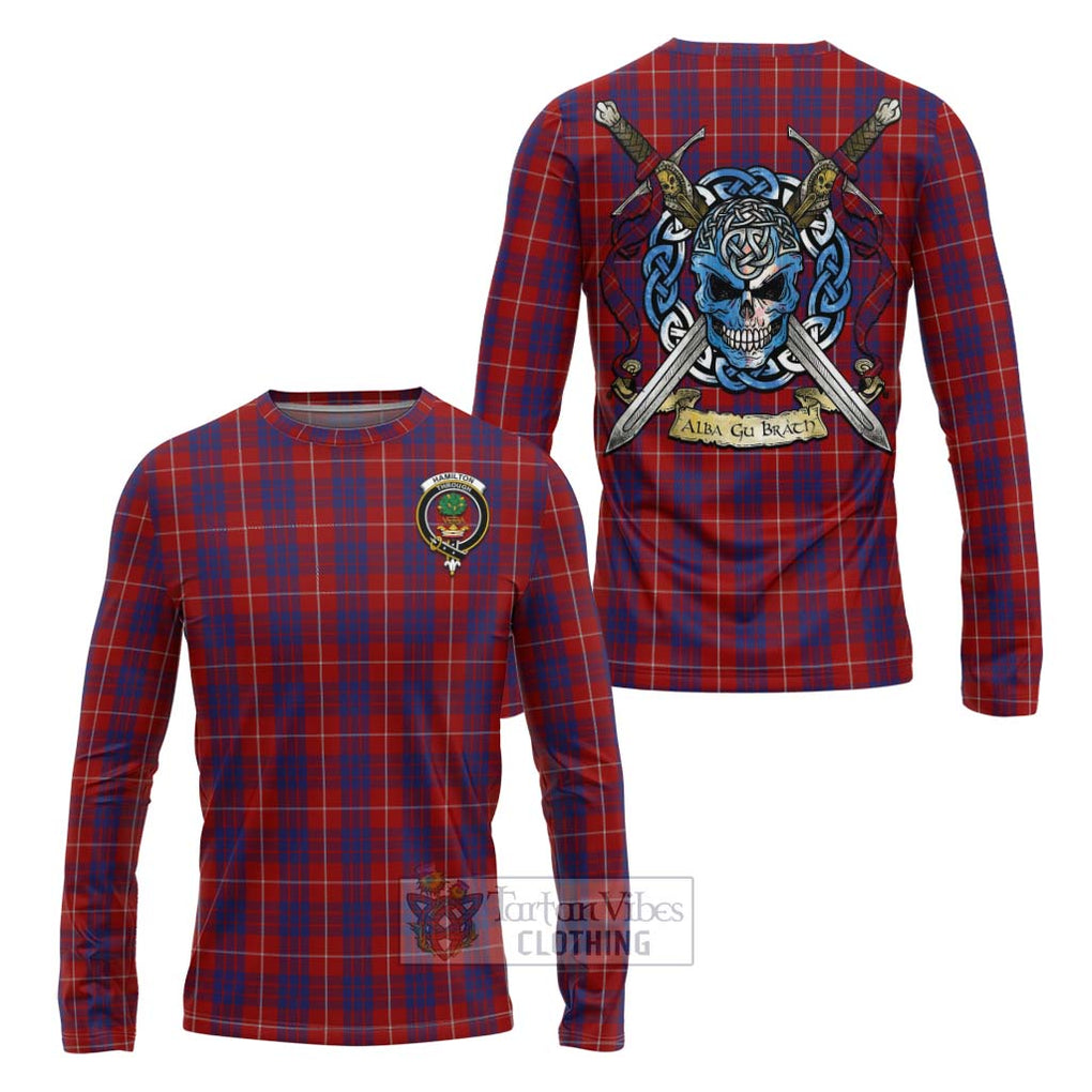 Tartan Vibes Clothing Hamilton Tartan Long Sleeve T-Shirt with Family Crest Celtic Skull Style