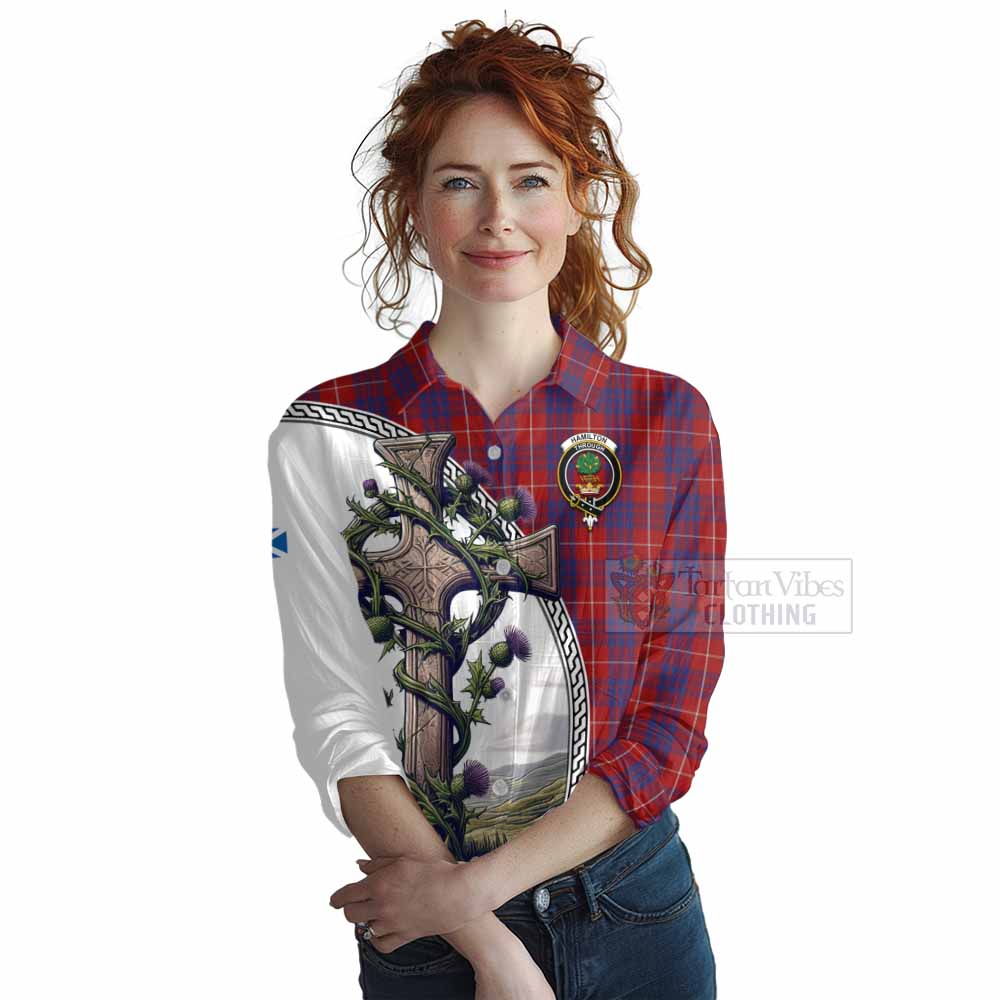 Tartan Vibes Clothing Hamilton Tartan Women's Casual Shirt with Family Crest and St. Andrew's Cross Accented by Thistle Vines