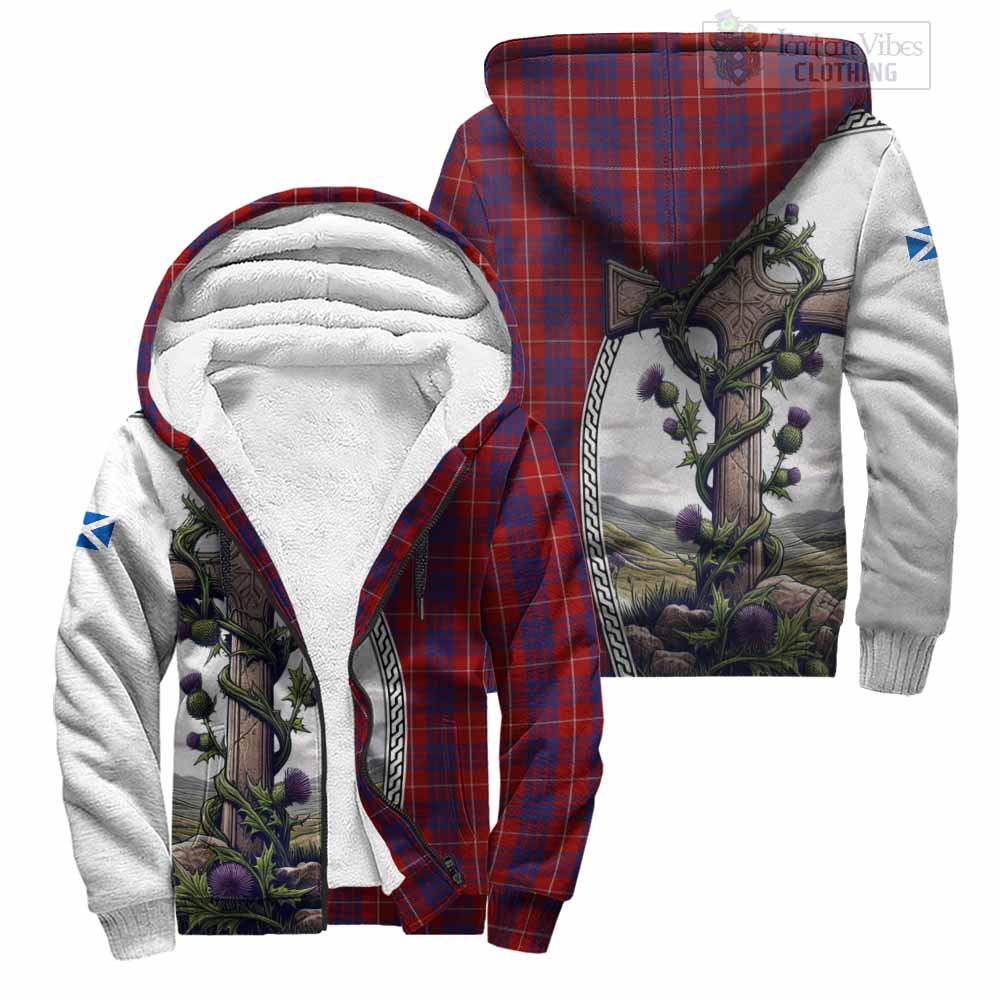 Tartan Vibes Clothing Hamilton Tartan Sherpa Hoodie with Family Crest and St. Andrew's Cross Accented by Thistle Vines